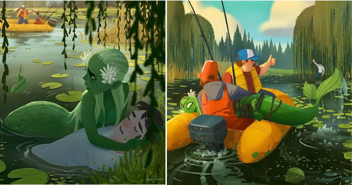 Young artist draws a cartoon of a green mermaid in a lotus pond that touches the hearts of netizens